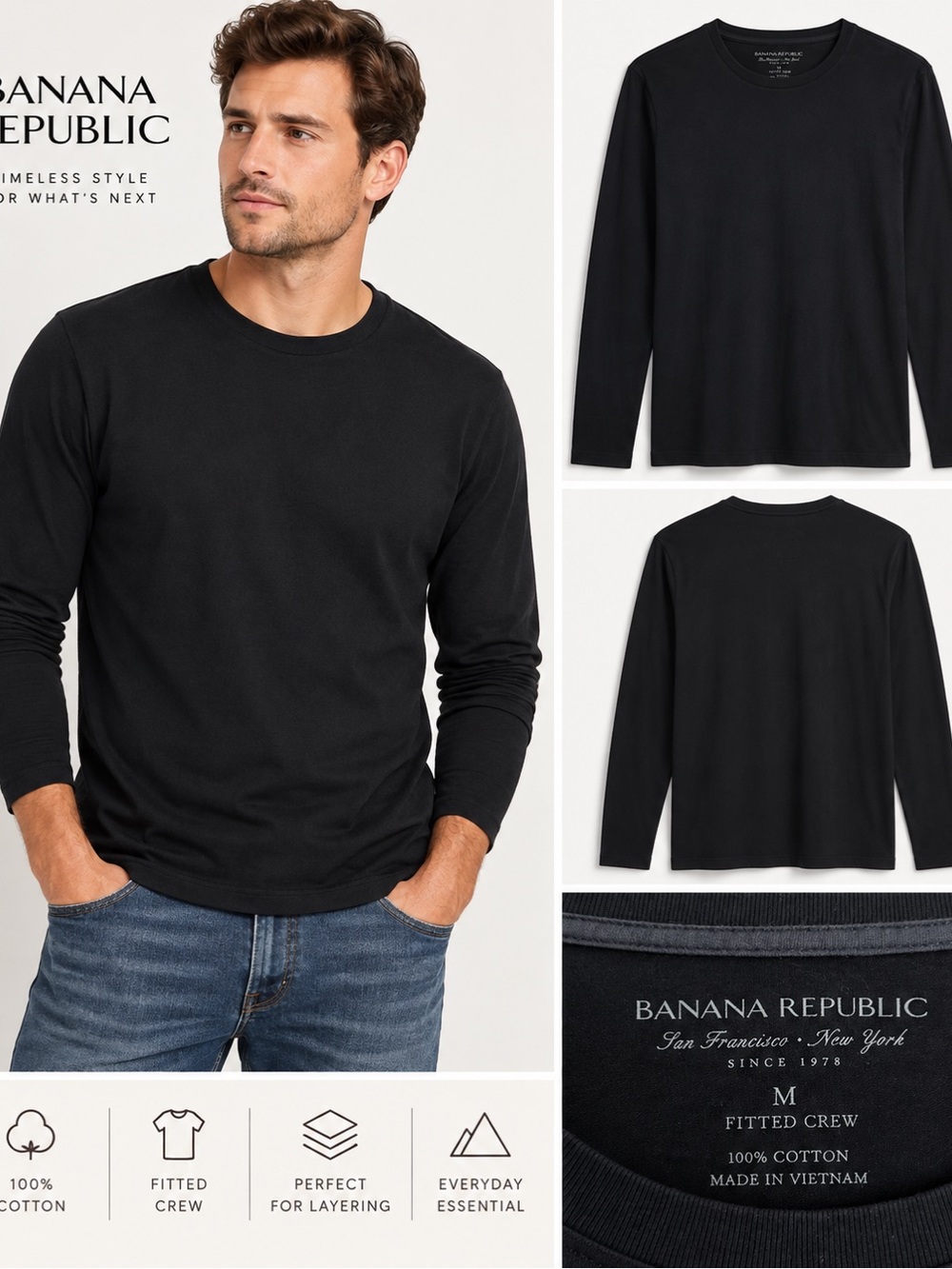 Banana Republic Men’s M Black Fitted Crew Long Sleeve T-Shirt 100% Cotton
